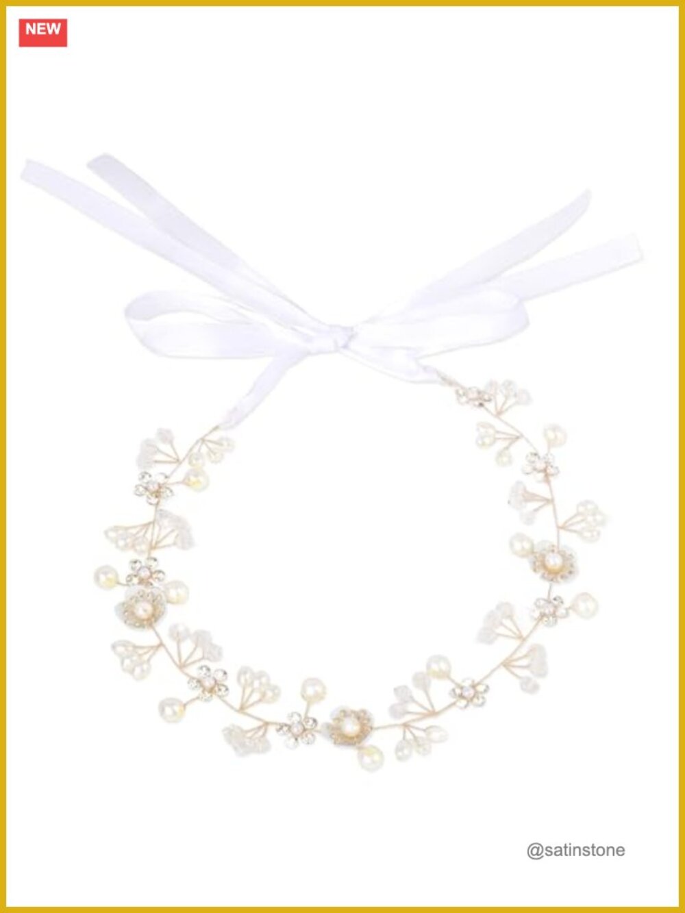 Pearl Rhinestone Flower Hair Vine with Satin Ribbon Bridal Wedding Accessory